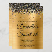 Sparkly Black Glitter Gold Foil Sweet 16 Kaart (Voorkant / Achterkant)