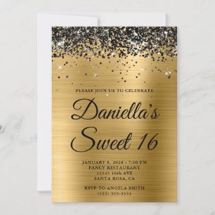 Sparkly Black Glitter Gold Foil Sweet 16 Kaart