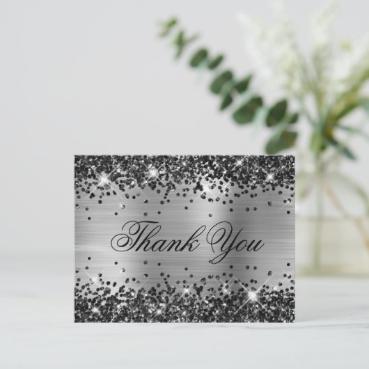 Sparkly Black Glitter Silver Foil Fancy Hartelijk  Briefkaart (Staand voorkant)