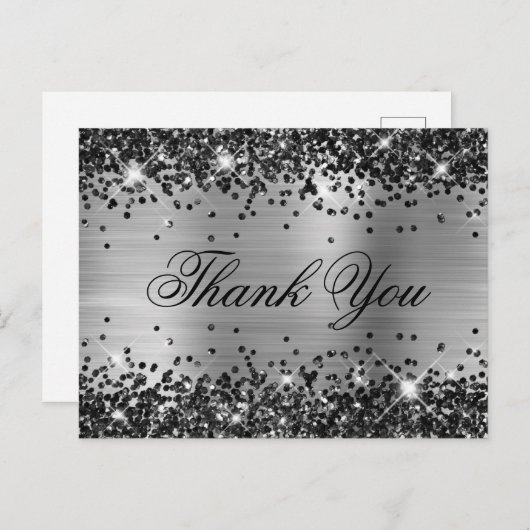 Sparkly Black Glitter Silver Foil Fancy Hartelijk  Briefkaart (Voorkant / Achterkant)
