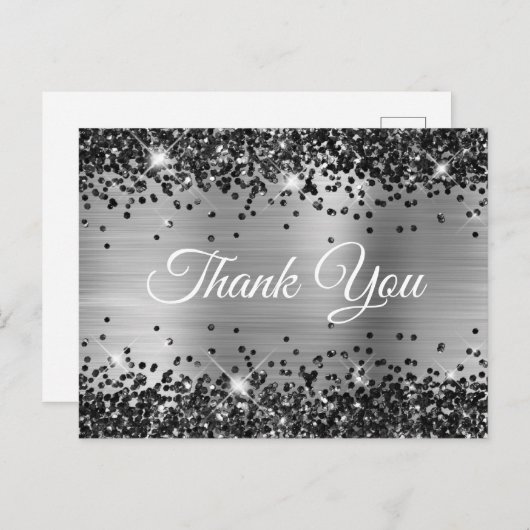 Sparkly Black Glitter Silver Foil Hartelijk dank Briefkaart (Voorkant / Achterkant)