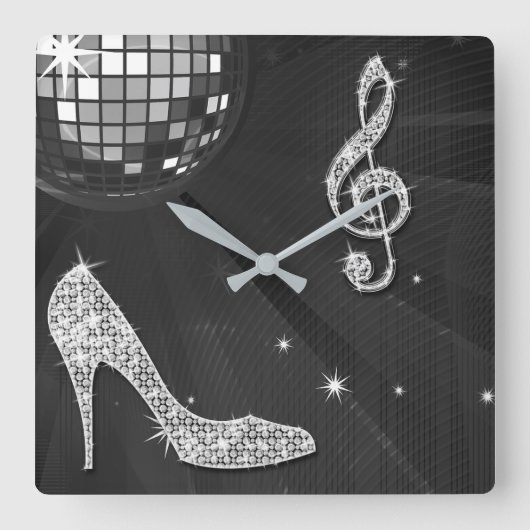 Sparkly Black Music Note & Stiletto Heel Vierkante Klok (Voorkant)