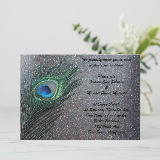 Sparkly Black Peacock Wedding Kaart (Staand voorkant)