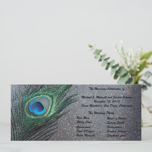 Sparkly Black Peacock Wedding Programme Programmakaart (Staand voorkant)