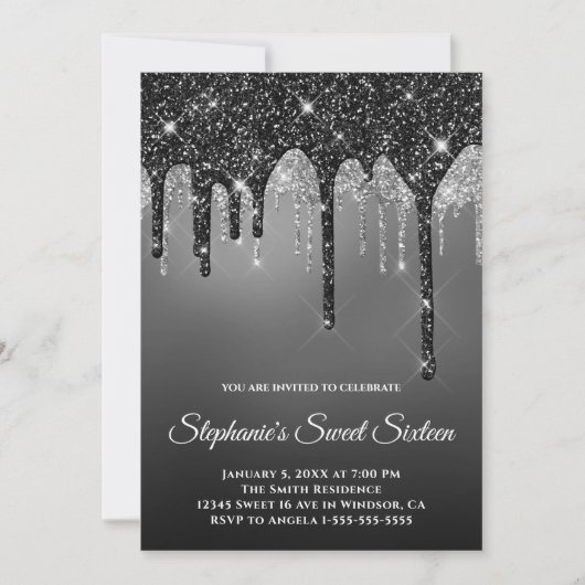 Sparkly Black Silver Glitter Gray Ombre Sweet 16 Kaart (Voorkant)