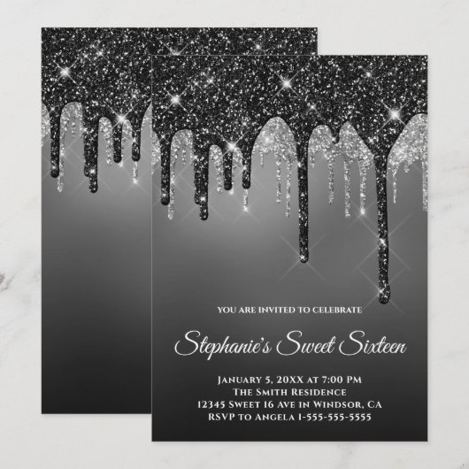Sparkly Black Silver Glitter Gray Ombre Sweet 16 Kaart (Voorkant / Achterkant)