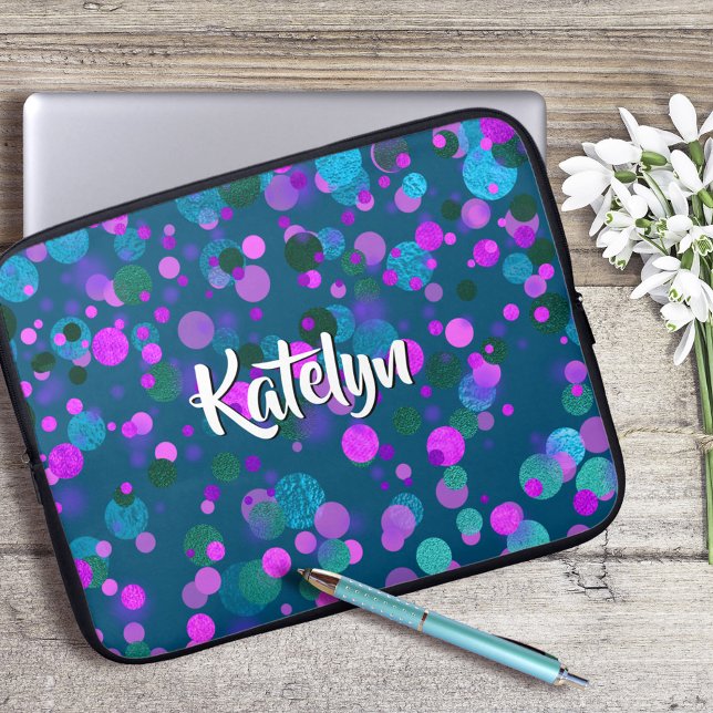 Sparkly blauwgroen blauw paars confetti stippen do laptop sleeve (Creator heeft geüpload)