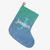 Sparkly Blauwgroen Blue Ombre Glitter Monogram Naa Grote Kerstsok (Voorkant (Hangend))
