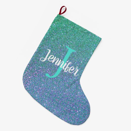 Sparkly Blauwgroen Blue Ombre Glitter Monogram Naa Grote Kerstsok (Voorkant (Hangend))