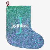 Sparkly Blauwgroen Blue Ombre Glitter Monogram Naa Grote Kerstsok (Voorkant)