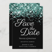 Sparkly Blauwgroen Glitter Black Elegant Calligraf Save The Date (Voorkant / Achterkant)