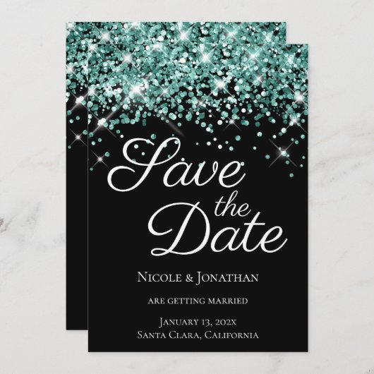 Sparkly Blauwgroen Glitter Black Elegant Calligraf Save The Date (Voorkant / Achterkant)
