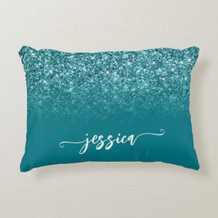 Sparkly Blauwgroen Glitter Ombre Modern Script Accent Kussen