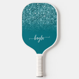 Sparkly Blauwgroen Glitter Ombre Modern Script Pickleball Paddle