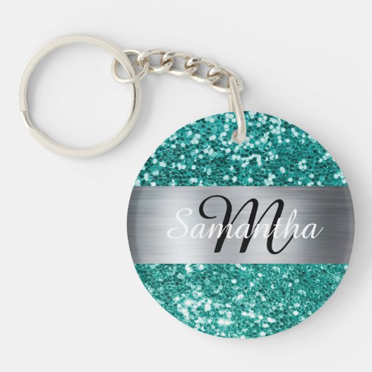 Sparkly Blauwgroen Glitter Silver Foil Monogram Sleutelhanger (Voorkant)
