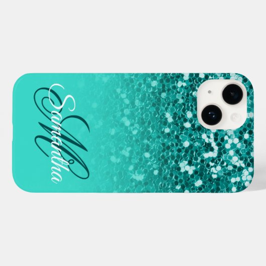 Sparkly Blauwgroen Glitter Turquoise Ombre Monogra Case-Mate iPhone Case (Achterkant (horizontaal))