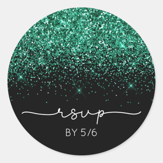 Sparkly Blauwgroen Green Glitter Black RSVP Ronde Sticker (Voorkant)