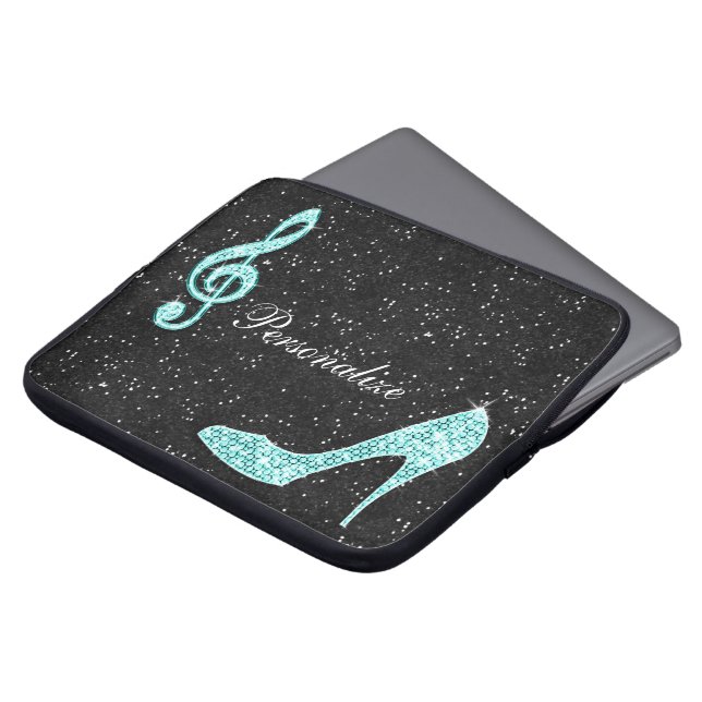 Sparkly Blauwgroen Music Note & Stiletto Hiel Laptop Sleeve (Voorkant top)
