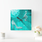 Sparkly Blauwgroen Music Note & Stiletto Hiel Vierkante Klok (Huis)