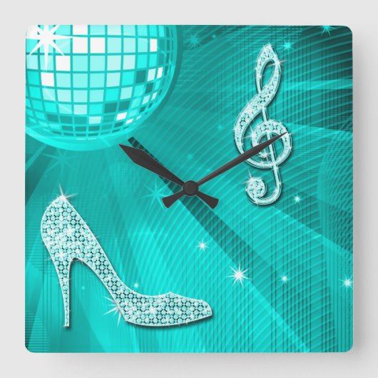 Sparkly Blauwgroen Music Note & Stiletto Hiel Vierkante Klok (Voorkant)