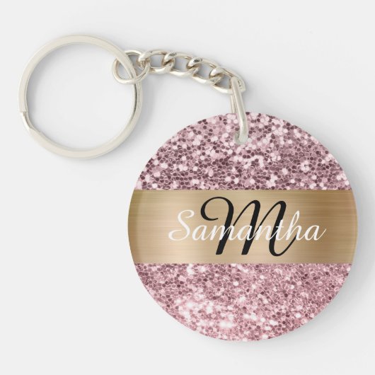 Sparkly Bleek Pink Glitter Gold Foil Monogram Sleutelhanger (Voorkant)