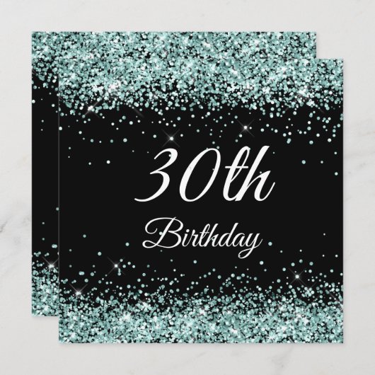 Sparkly Bleek Turquoise Glitter Black 30th Birthda Kaart (Voorkant / Achterkant)