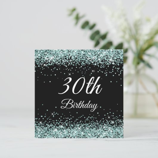 Sparkly Bleek Turquoise Glitter Black 30th Birthda Kaart (Staand voorkant)