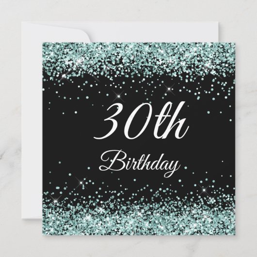 Sparkly Bleek Turquoise Glitter Black 30th Birthda Kaart (Voorkant)