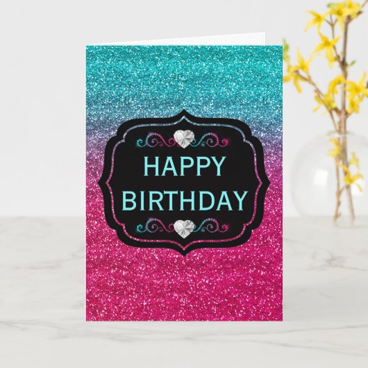Sparkly Blue and Pink Gradient Glitter Birthday Kaart (Gele Bloem)