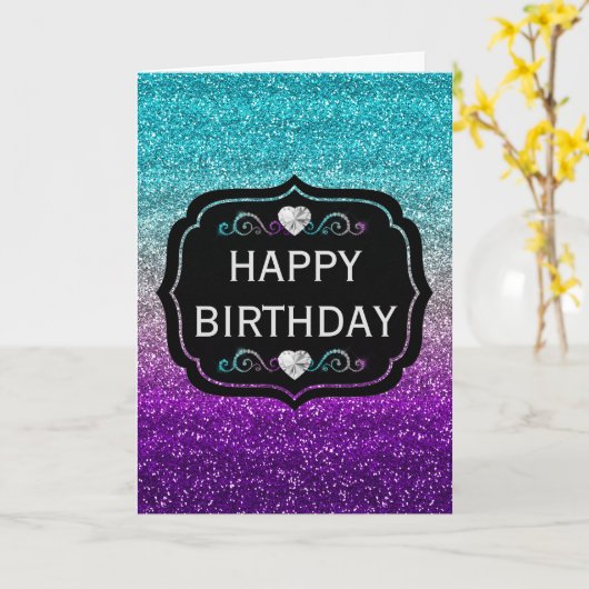 Sparkly Blue & Paars Gradient Glitter Birthday Kaart (Gele Bloem)