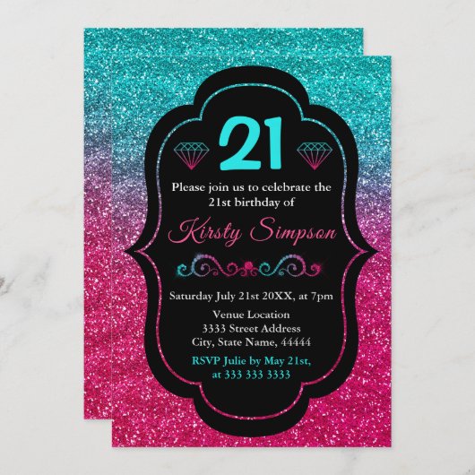 Sparkly Blue & Roze gradiënt Glitter Birthday Kaart (Voorkant / Achterkant)