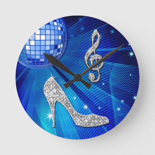 Sparkly Blue/Silver Music Note & Stiletto Hiel Ronde Klok (Voorkant)