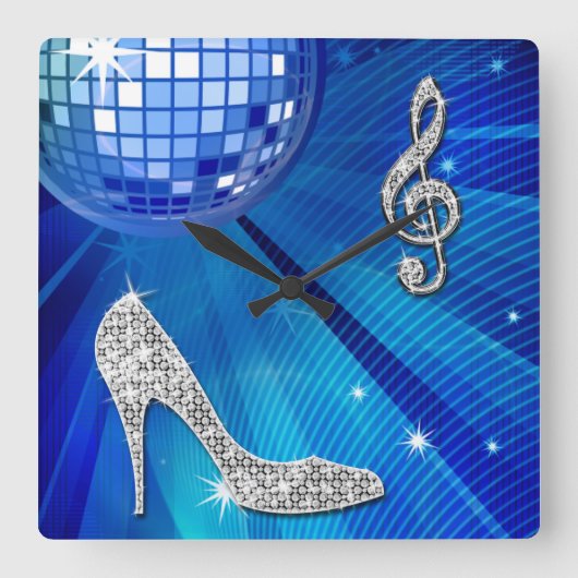 Sparkly Blue/Silver Music Note & Stiletto Hiel Vierkante Klok (Voorkant)