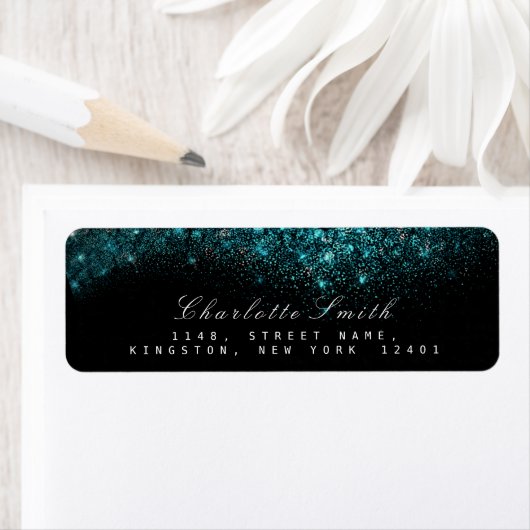 Sparkly Blue Turquoise Ocean Black Glitter RSVP Etiket (Insitu)