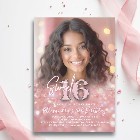 Sparkly Blush Pink Elegant Chic Photo Sweet 16 Kaart