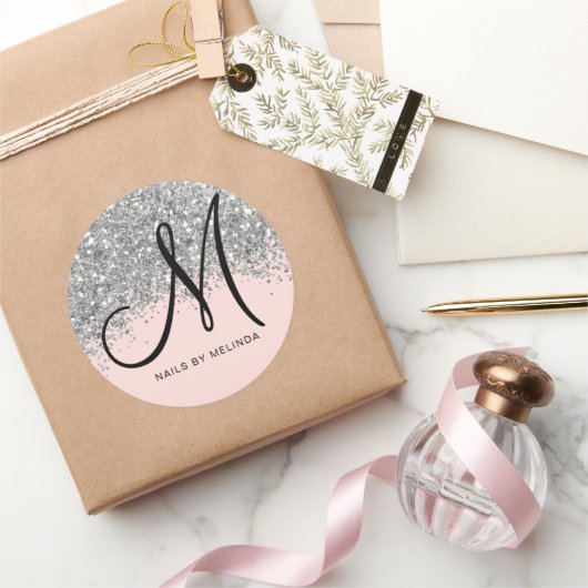 Sparkly Blush Pink Silver Confetti Glitter Busines Ronde Sticker (Geschenken)