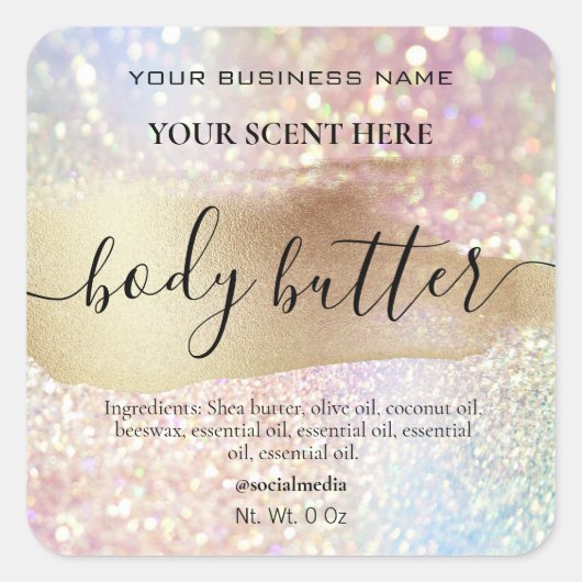 Sparkly Body Butter Etiketten Holografisch en Goud (Voorkant)