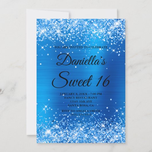 Sparkly Brght Blue Glitter en Folie Sweet 16 Kaart (Voorkant)