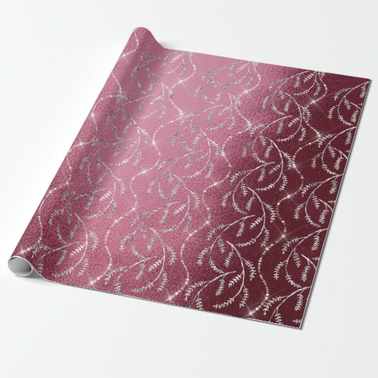 Sparkly Burgundy Laurel Floral Silver Diamonds Cadeaupapier (Uitgerold)
