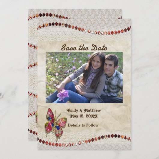 Sparkly Butterfly, Lace & Parchment Save the Date (Voorkant / Achterkant)