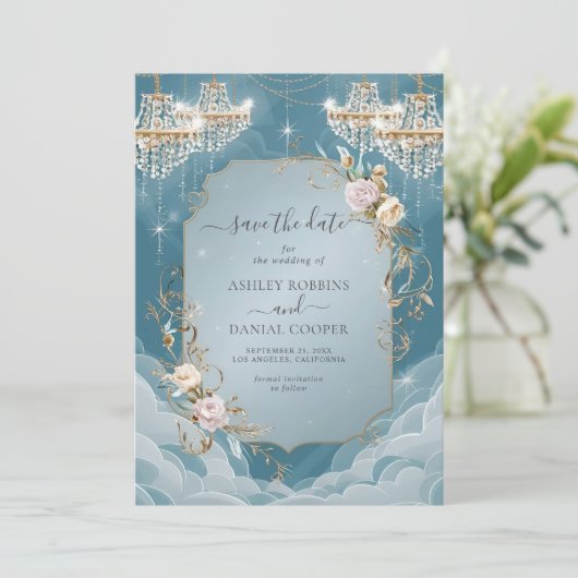 Sparkly Chandelier Floral Lavish Save the Date Kaart (Staand voorkant)