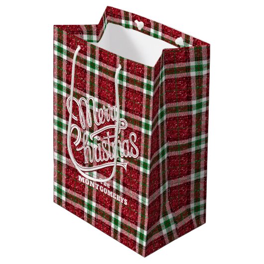 Sparkly Christmas Plaid  Medium Cadeauzakje (Voorkant Gekanteld)