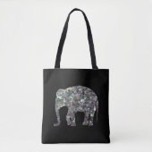 Sparkly Colorful Silver Mosaic Elephant on Black Tote Bag (Voorkant)