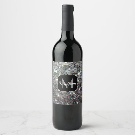 Sparkly Colorful Silver Mosaic Monogram Wijn Etiket (Voorkant)