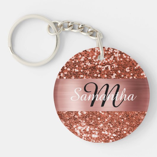 Sparkly Copper Glitter Roos Gold Foil Monogram Sleutelhanger (Voorkant)