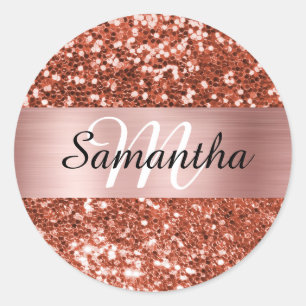 Sparkly Copper Glitter Roos Goud Shimmer Monogram Ronde Sticker