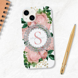 Sparkly Custom Roze Rozen Diamanten Monogram Case-Mate iPhone 14 Hoesje
