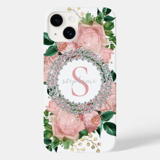 Sparkly Custom Roze Rozen Diamanten Monogram Case-Mate iPhone Case (Achterkant)
