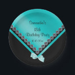 Sparkly Diamonds & Blauwgroen Bow 18th Birthday Papieren Bordje<br><div class="desc">Mooie verjaardagsfeestpapieren borden voor elke leeftijd voor verjaardagsfeestjes voor vrouwen en meisjes. Dit moderne, gesofisticeerde en elegante ontwerp heeft een zwart-blauwgroen envelopvormig design met een dunne glitzy diamant met een blauwgroen kant, met uw evenementgegevens. Alle tekst is volledig aanpasbaar om aan uw vereisten te voldoen. Als u hulp nodig hebt...</div>