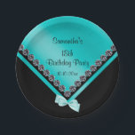 Sparkly Diamonds & Blauwgroen Bow 18th Birthday Papieren Bordje<br><div class="desc">Mooie verjaardagsfeestpapieren borden voor elke leeftijd voor verjaardagsfeestjes voor vrouwen en meisjes. Dit moderne, gesofisticeerde en elegante ontwerp heeft een zwart-blauwgroen envelopvormig design met een dunne glitzy diamant met een blauwgroen kant, met uw evenementgegevens. Alle tekst is volledig aanpasbaar om aan uw vereisten te voldoen. Als u hulp nodig hebt...</div>